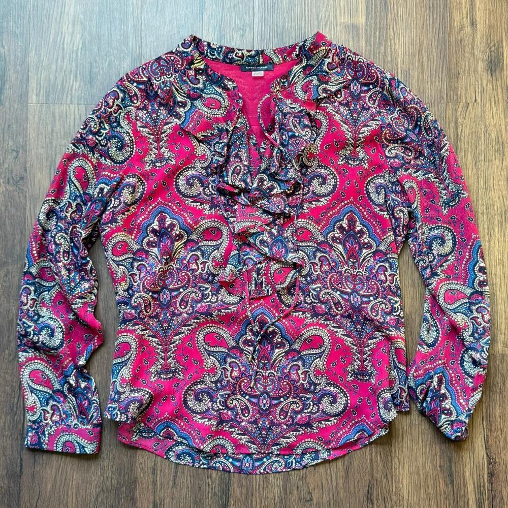 Tommy Hilfiger Fuchsia Paisley Ruffle Front Blouse